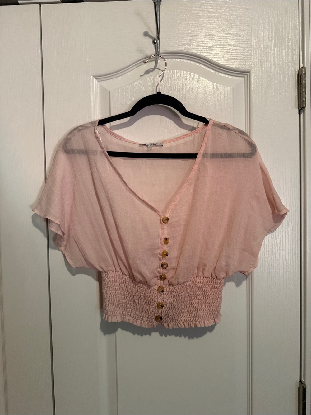 Light Pink Button-Front Smocked Waist Women's Cropped Top